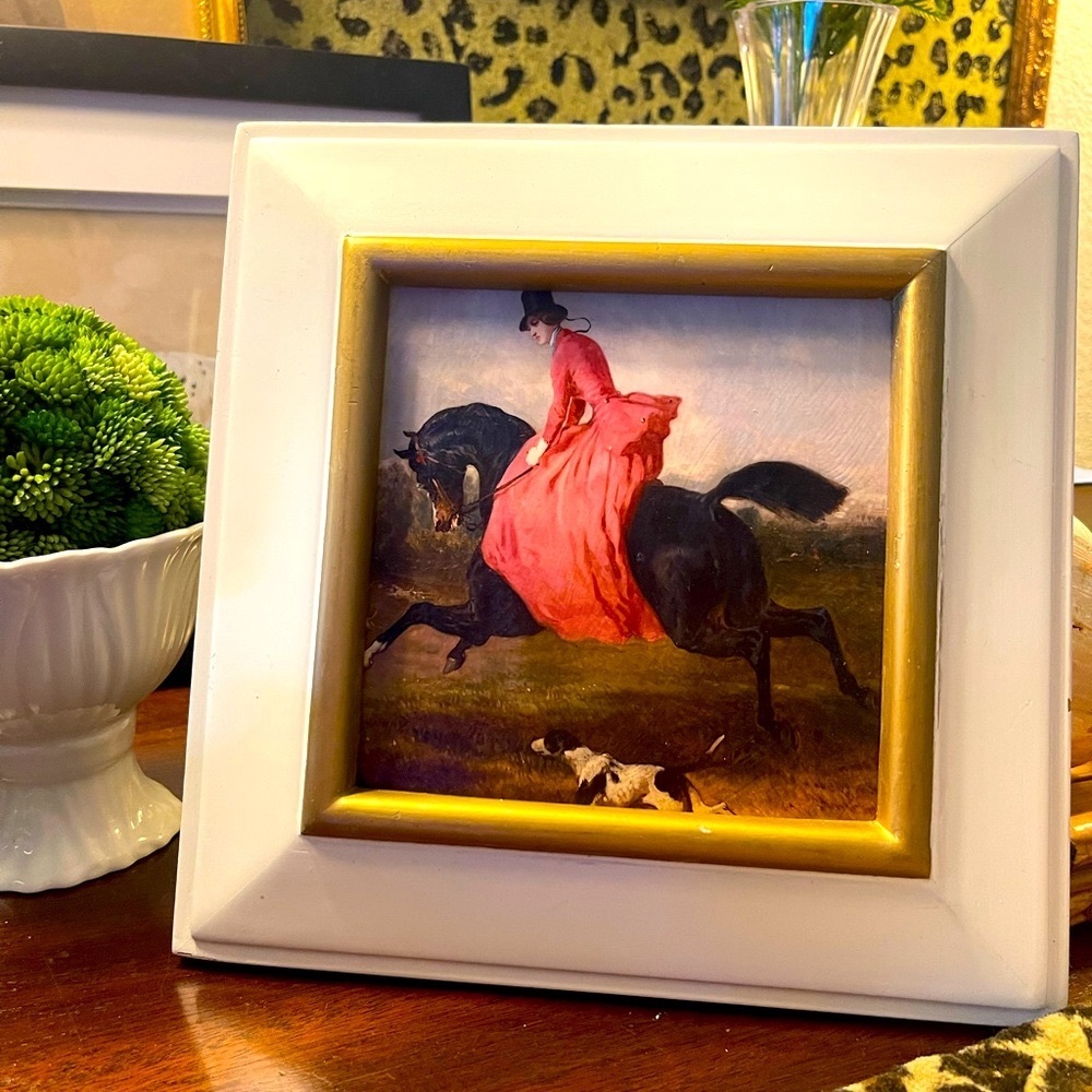 Wood Framed Victorian Styled Women on Horse textured Print